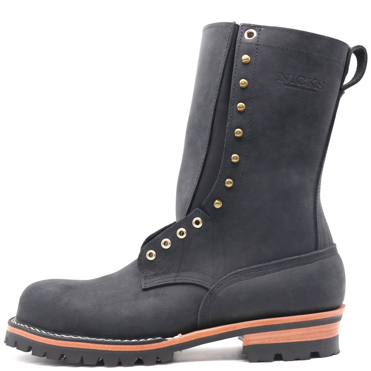 Tall black leather boot with padded gusset, relief cut, rear pull loop, and brass hardware in front of a white background.