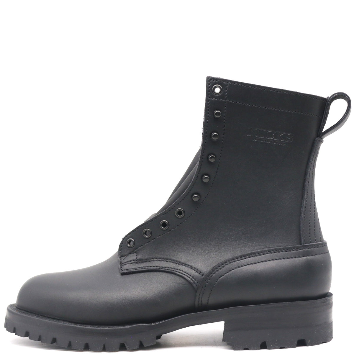 Black leather boot with black hardware and rear pull loop in front of a white background.
