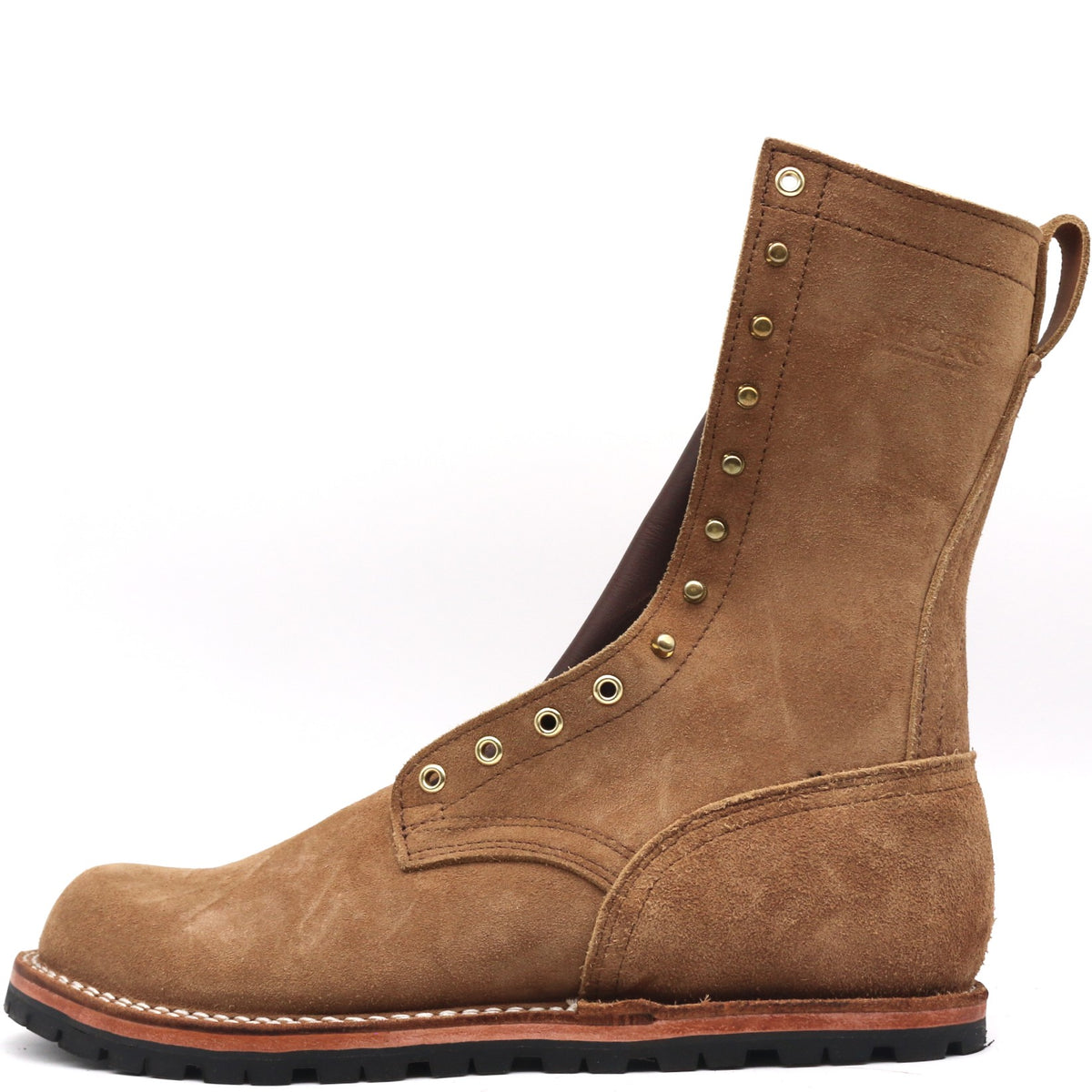 Tall brown leather boot with brass hardware and a rear pull loop.
