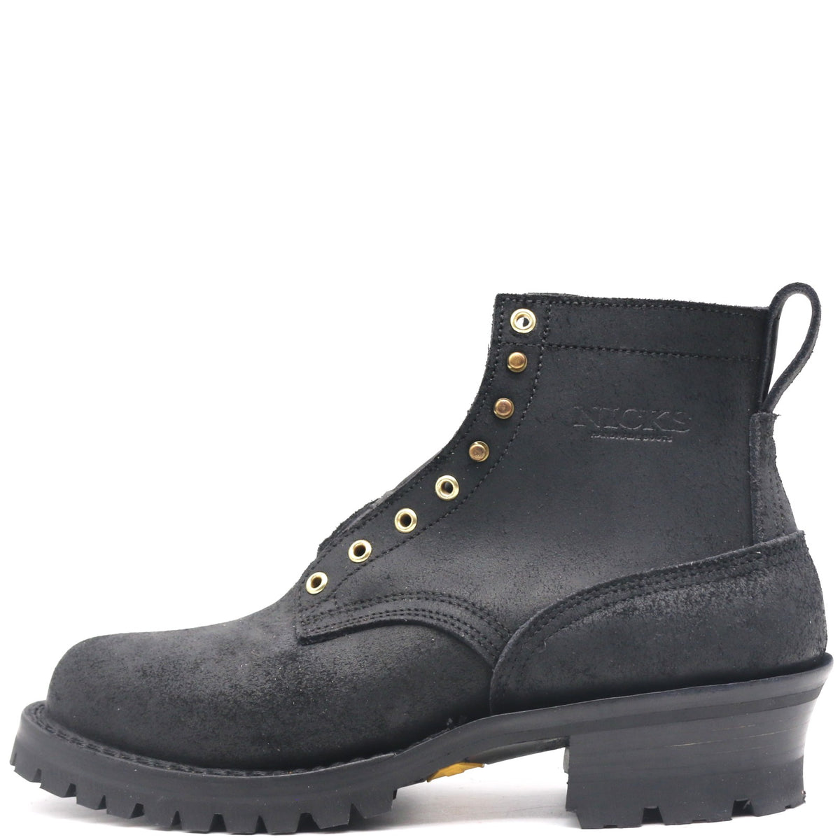 Black leather boot with a white background