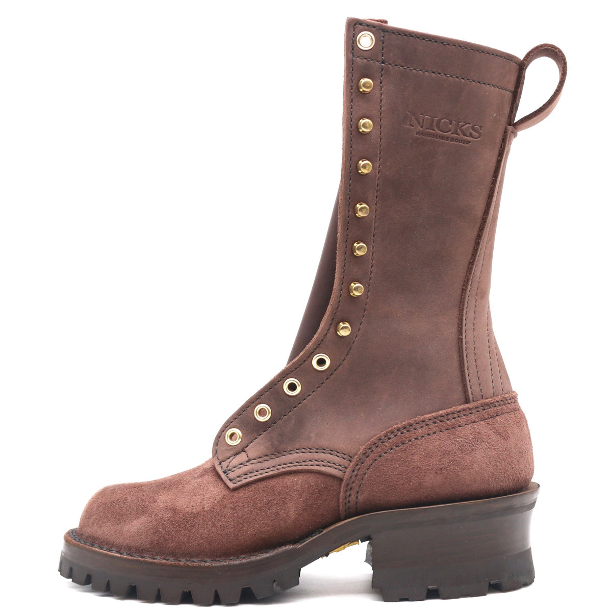 A brown leather lace-up work boot with gold-tone metal eyelets and studs, a pull tab, and a chunky dark sole, shown from the side on a white background.