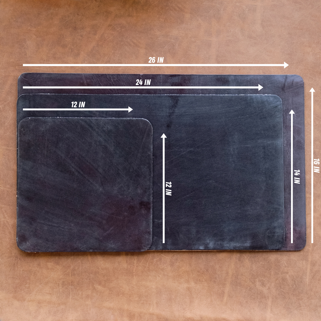 Three brown leather work mats laying on lighter surface. Small mat has measurement of 12"x12", medium is 14"x24", large is 16"x26".