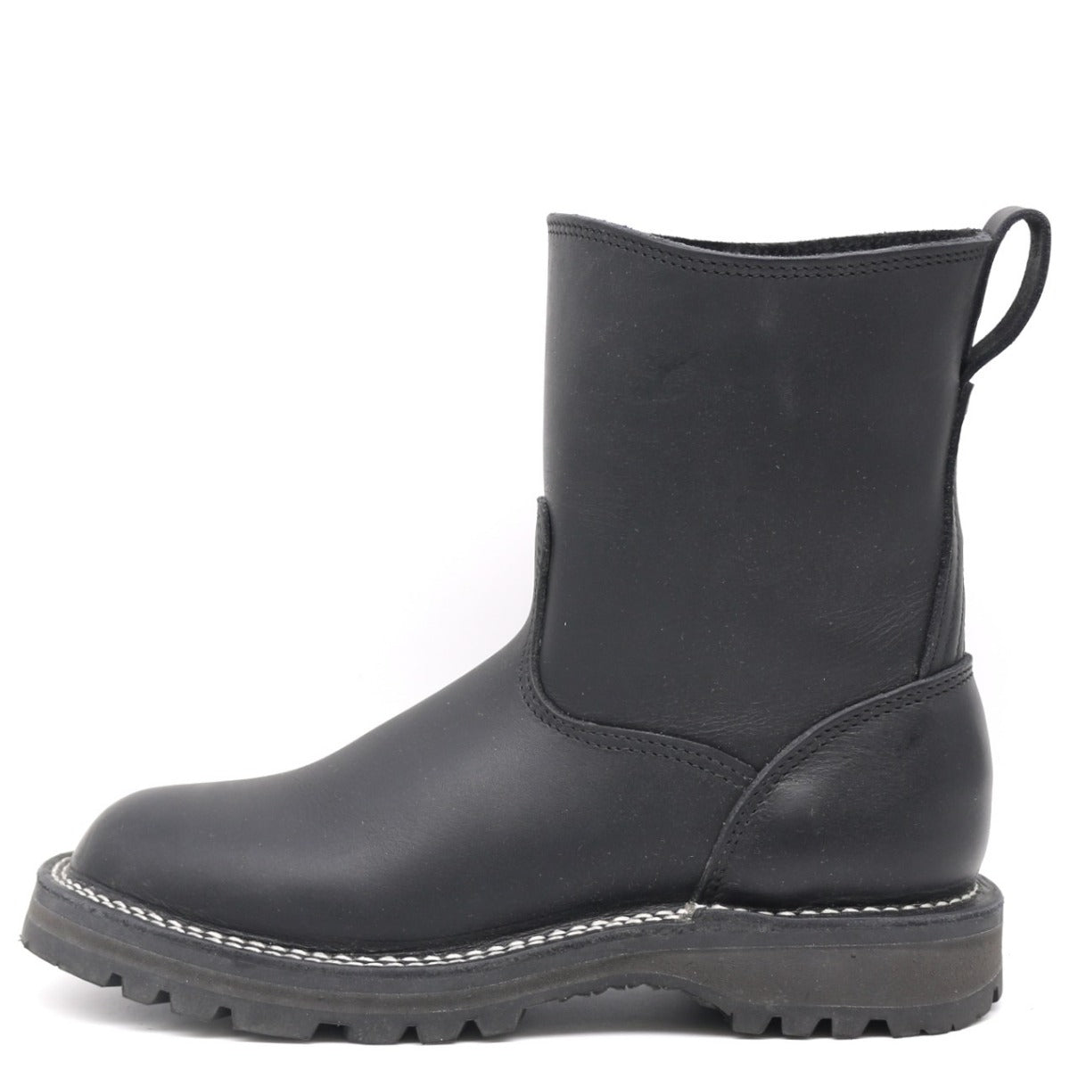 Black boot with a black sole on a white background