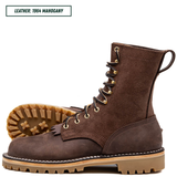 A dark brown suede lace-up boot shown from the side with the sole and outsole visible behind it, on a white background. A text label in the top left reads 'LEATHER: 1964 MAHOGANY'.
