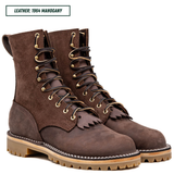 A pair of dark brown suede and leather lace-up boots with fringe detailing, shown on a white background with a text label reading 'LEATHER: 1964 MAHOGANY'.