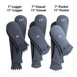 Black leather Kilties on a white background with copy describing what kind they are. 7" Logger, 7" Casual, and 7" Packer. 11" Logger, 11" Casual, and 11" Packer. 