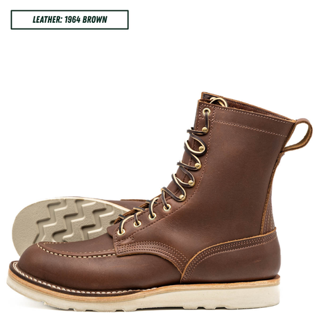 A single brown leather lace-up boot shown in side profile on a white background, with a second boot placed behind it to show the outsole. A small label in the top left reads 'LEATHER: 1964 BROWN'.