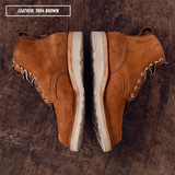 A pair of brown suede lace-up ankle boots shown from above on a dark wood surface, with a text label in the top-left corner reading 'LEATHER: 1964 BROWN'.