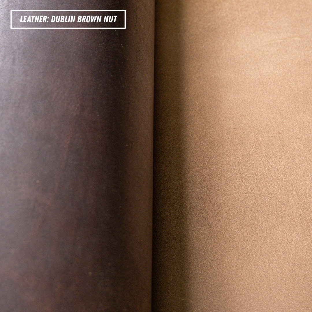 Two rolls of textured leather side-by-side, labeled 'LEATHER: DUBLIN BROWN NUT' in the top left. The left roll is a very dark brown, and the right roll is a lighter warm tan-brown.