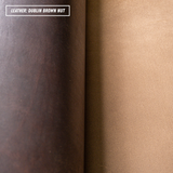 Two rolls of textured leather side-by-side, labeled 'LEATHER: DUBLIN BROWN NUT' in the top left. The left roll is a very dark brown, and the right roll is a lighter warm tan-brown.