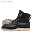 A black leather lace-up work boot shown in profile on a white background, with a second boot placed behind it to display the outsole. A small text label in the top left reads 'LEATHER: MAX SUPPORT BLACK'.