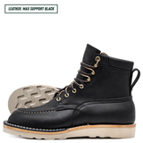 A black leather lace-up work boot shown in profile on a white background, with a second boot placed behind it to display the outsole. A small text label in the top left reads 'LEATHER: MAX SUPPORT BLACK'.