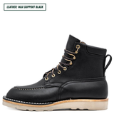 A black leather lace-up ankle boot with gold metal eyelets and a light tan sole, shown in a side profile on a white background. A text label in the top-left corner reads 'LEATHER: MAX SUPPORT BLACK'.