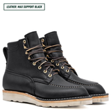 A pair of black leather lace-up boots with gold-toned metal eyelets and brown laces, shown on a white background with a text label in the top left corner that reads 'LEATHER: MAX SUPPORT BLACK'.