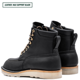 A pair of black leather lace-up boots shown from the side and back on a white background, with a text label in the top-left corner that reads 'LEATHER: MAX SUPPORT BLACK'.
