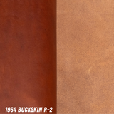 A close-up color and material swatch labeled '1964 BUCKSKIN R-2' showing smooth leather on the left and roughout on the right: a darker reddish-brown on the left and a lighter tan/caramel on the right.