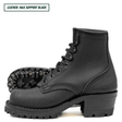 Black leather boot with chunky sole on a white background
