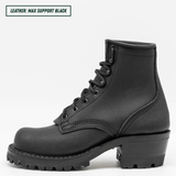 A black leather lace-up ankle boot with a chunky lug sole and block heel, shown from a side profile on a white background. A text label in the top-left corner reads 'LEATHER: MAX SUPPORT BLACK'.