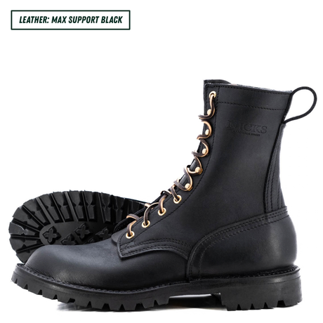 A pair of black leather lace-up combat boots with gold-tone eyelets and a rugged sole, shown on a white background with a text label in the top left corner.