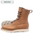 HD moc toe work boots, one sitting up side profile and the other laying on its side with the outsole showing. Label on top left of picture that reads "LEATHER: 1964 TAN."