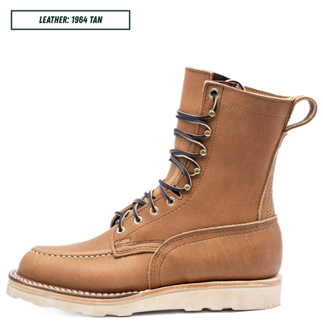 HD moc toe work boot, sitting up side profile. Label on top left of picture that reads "LEATHER: 1964 TAN."