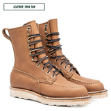 HD moc toe work boots, both sitting together facing right side. Label on top left of picture that reads "LEATHER: 1964 TAN."