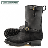 A pair of black leather mid-calf boots with buckle straps, shown on a white background with a text label in the top left corner.