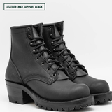 A pair of black leather lace-up ankle boots with chunky lug soles and low block heels, shown on a light gray background. A text label in the top left corner reads 'LEATHER: MAX SUPPORT BLACK'.