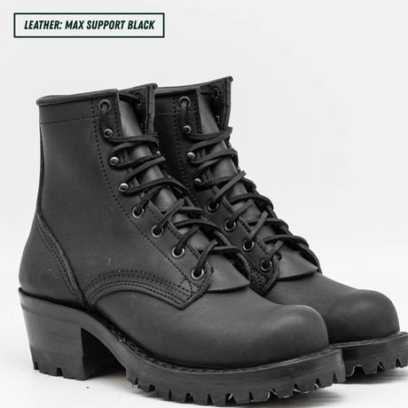 A pair of black leather lace-up ankle boots with chunky lug soles and low block heels, shown on a light gray background. A text label in the top left corner reads 'LEATHER: MAX SUPPORT BLACK'.