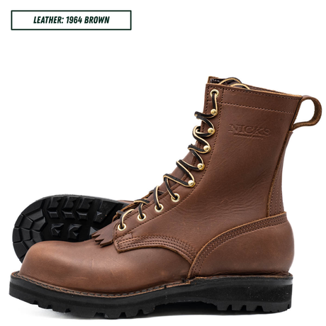 A pair of brown leather work boots with black soles and gold eyelets, shown on a white background with a text label in the top left corner that reads 'LEATHER: 1964 BROWN'.