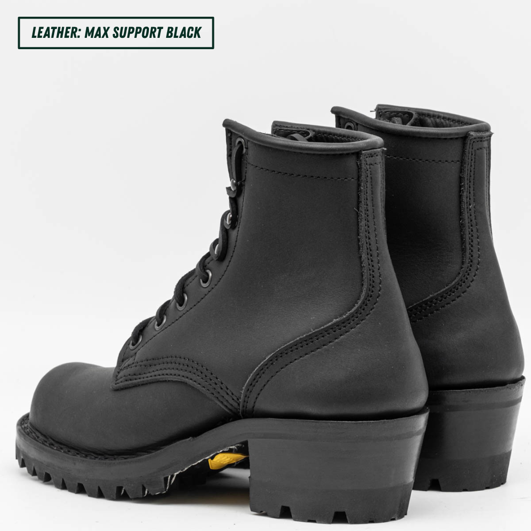 A pair of black leather lace-up ankle boots with chunky lug soles and low block heels, shown on a light gray background. A text label in the top-left corner reads 'LEATHER: MAX SUPPORT BLACK'.