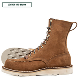 A pair of brown suede lace-up work boots shown on a white background, with one boot standing upright and the other lying on its side to display the sole tread. A text label in the top left reads 'LEATHER: 1964 BROWN'.