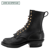 A black leather lace-up boot with gold-tone eyelets and laces, shown in a side profile on a white background. A text label in the top-left corner reads 'LEATHER: MAX SUPPORT BLACK'.