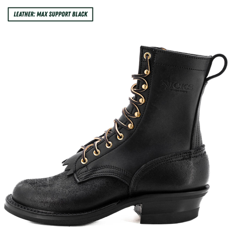 A black leather lace-up boot with gold-tone eyelets and laces, shown in a side profile on a white background. A text label in the top-left corner reads 'LEATHER: MAX SUPPORT BLACK'.
