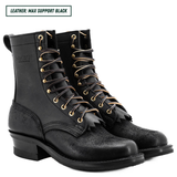 A pair of black leather lace-up boots with gold-tone eyelets and fringe detailing, shown on a white background with a text label in the top left corner.
