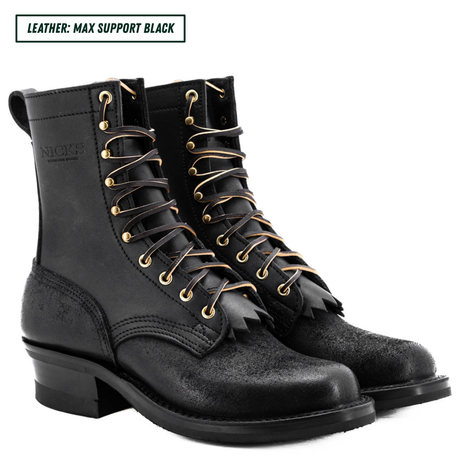 A pair of black leather lace-up boots with gold-tone eyelets and fringe detailing, shown on a white background with a text label in the top left corner.