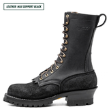 A black leather lace-up work boot with gold-tone eyelets and a thick lug sole, shown in profile on a white background. A text label in the top-left corner reads 'LEATHER: MAX SUPPORT BLACK'.