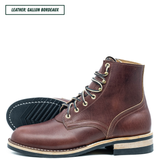 A pair of brown leather lace-up ankle boots shown on a white background, with one boot standing upright and the other lying on its side to display the sole. A text label in the top left reads 'LEATHER: GALLUN BORDEAUX'.