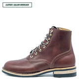 A single brown leather lace-up ankle boot shown in side profile on a white background, with a text label in the top-left corner reading 'LEATHER: GALLUN BORDEAUX'. The boot has dark brown laces, brass eyelets, and a stacked sole with a light wood-toned midlayer.