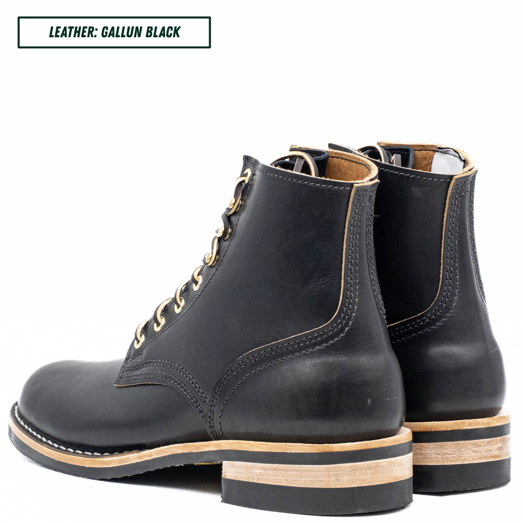 A pair of black leather lace-up ankle boots shown from the side and back on a white background, with a text label in the top-left corner that reads 'LEATHER: GALLUN BLACK'.
