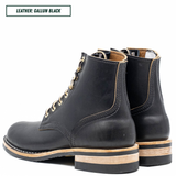 A pair of black leather lace-up ankle boots shown from the side and back on a white background, with a text label in the top-left corner that reads 'LEATHER: GALLUN BLACK'.