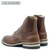 A pair of dark cognac brown leather lace-up ankle boots shown from a side profile view on a white background, with a text label in the top-left corner reading 'LEATHER: GALLUN DARK COGNAC'.