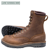 Weathershield brown lace to toe leather boots with padded collar. One sitting up and the other sitting on its side showing the outsole. Label on top left stating "Leather: Weathershield Brown."