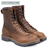 Weathershield brown lace to toe leather boots with padded collar. Boots sitting together facing right side. Label on top left stating "Leather: Weathershield Brown."