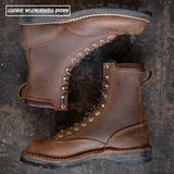 Weathershield brown lace to toe leather boots with padded collar. Both boots laying down on textures concrete. Label on top left stating "Leather: Weathershield Brown."