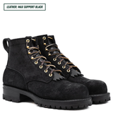 All black leather boots with lug soles. Boots sitting together facing forward right. Top left reads "LEATHER: MAX SUPPORT BLACK."