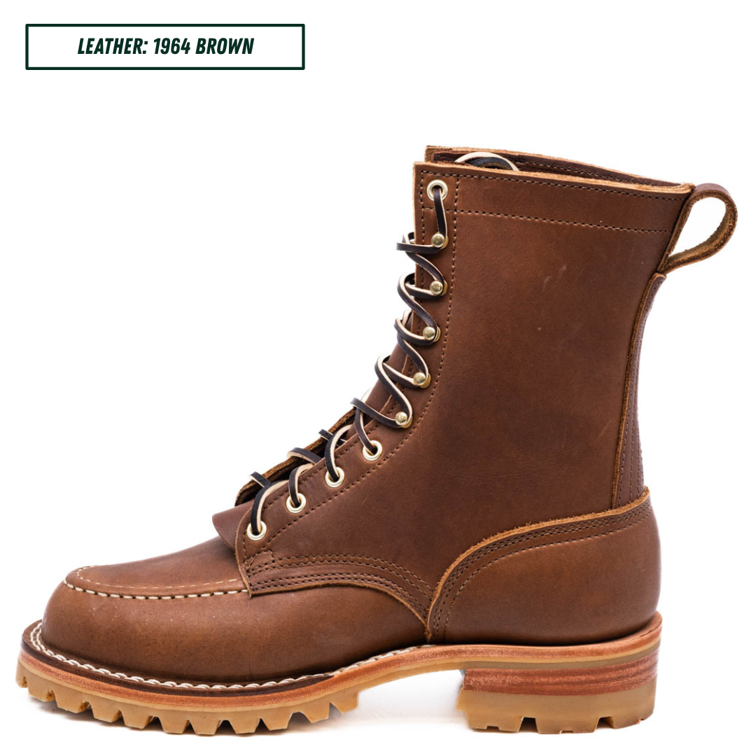 A brown leather lace-up work boot shown in side profile on a white background, with a text label in the top-left corner reading 'LEATHER: 1964 BROWN'.