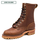 A brown leather lace-up work boot shown in a three-quarter side view on a white background, with a text label in the top-left corner reading 'LEATHER: 1964 BROWN'.