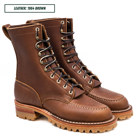 A pair of brown leather lace-up work boots shown on a white background with a text label in the top left corner that reads 'LEATHER: 1964 BROWN'.