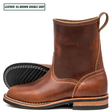 A pair of brown leather mid-calf boots shown on a white background, with one boot standing upright and the other lying on its side to display the black treaded sole. A text label in the top-left corner reads 'LEATHER: 64 BROWN DOUBLE SHOT'.